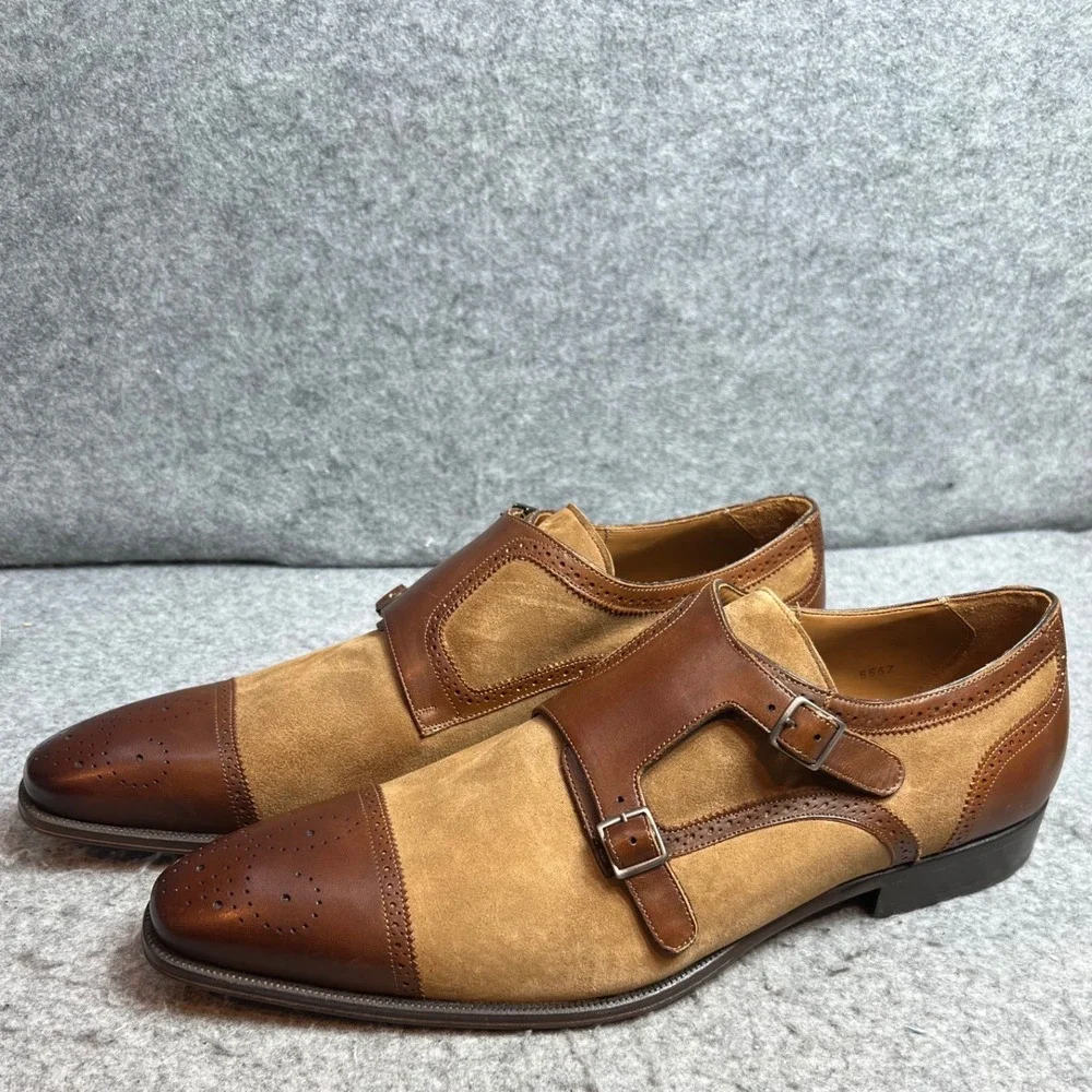Mezlan Mens Brown Leather Double Monk Strapt Brogue Cap Toe Dress Shoes 13